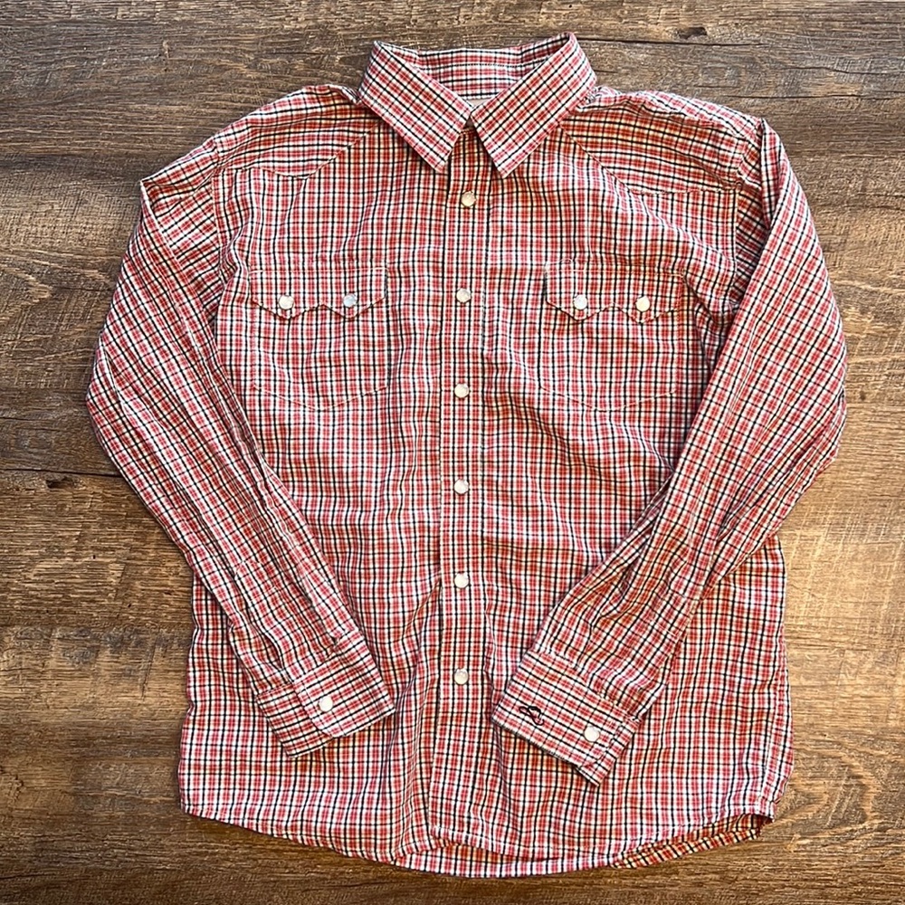 Resistol Rodeo Gear Kids. Red White Blue Plaid Long Sleeve Shirt. Pearl Snaps